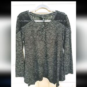 Womens M Tie Front Black Grey Thin Ribbed Pullover Sweater